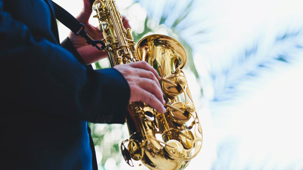 A person plays a saxophone in front of a palm frond.